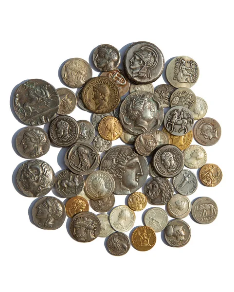 Colección Las Antiguas Monedas Griegas Romanas Blanco — Foto de Stock