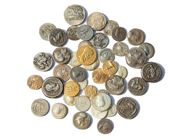 Колекція Давньогрецьких Римських Монет Білому — стокове фото