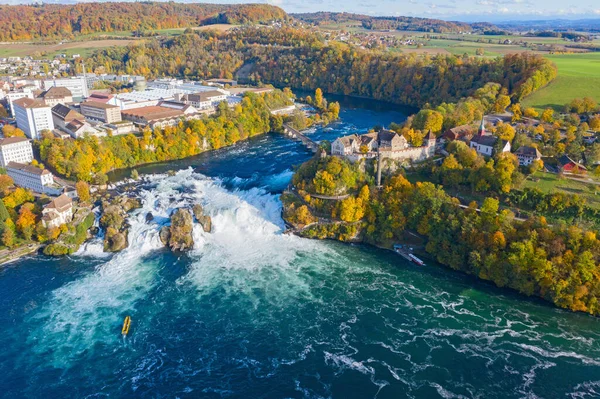 Rheinfall - the biggest waterfall in Europe. Aerial view over autumn landscape.