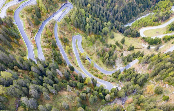Winding road of the Maloja pass connecting Switzerland and Italy