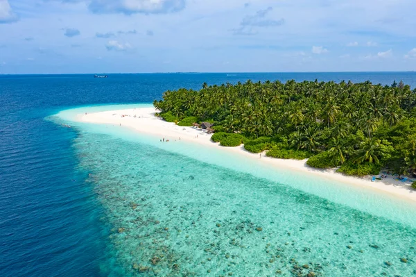 Маленький Остров Мальдивах Покрытый Пальмами Окруженный Бирюзовой Голубой Водой Красивыми — стоковое фото