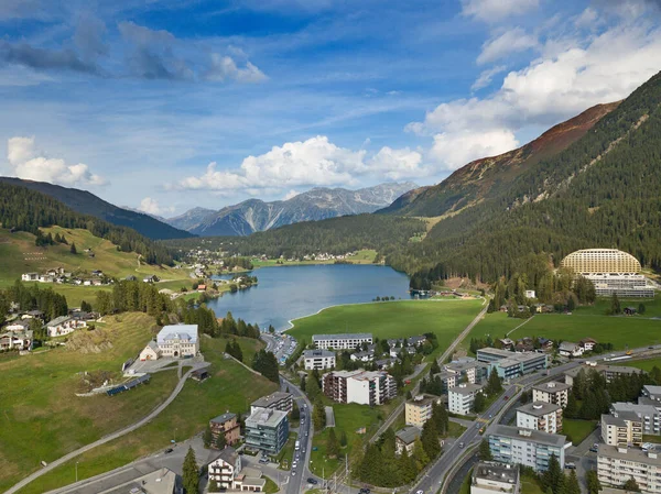 Letecký Pohled Město Davos Jezero Davos Švýcarské Město Známé Místo — Stock fotografie