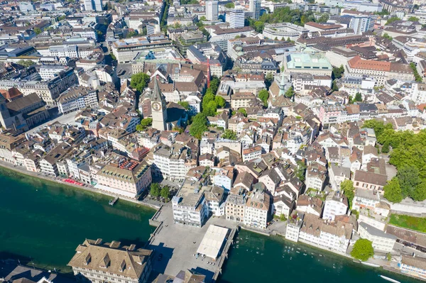 Flygfoto Över Limmat Floden Och Berömda Zürich Kyrkor Zürich Viktigt — Stockfoto