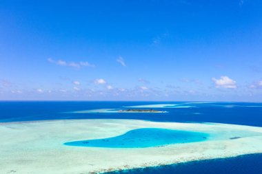 Maldivler 'de küçük bir ada. Palmiyelerle kaplı ve turkuvaz mavisi sularla çevrili. Güzel mercanları ve hayvanları var.