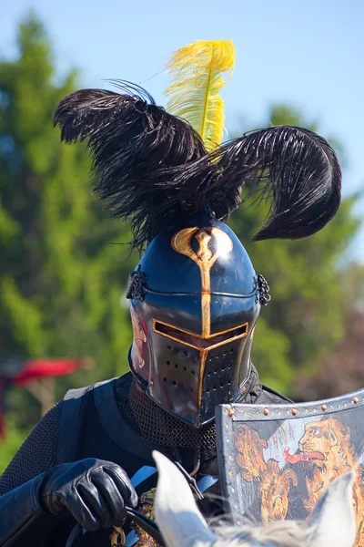 Homme en armure de chevalier sur le cheval — Photo