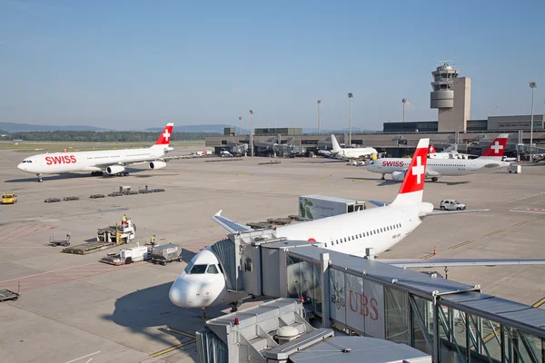 Airplane leaving Zurich airport — Stok fotoğraf