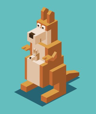 Kanguru çocuk ile. 3D pixelate izometrik