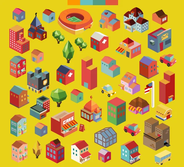 Isometric city and buildings collection — Stock Vector