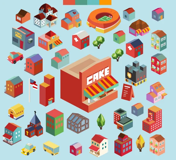 Isometric city and buildings collection — Stock Vector