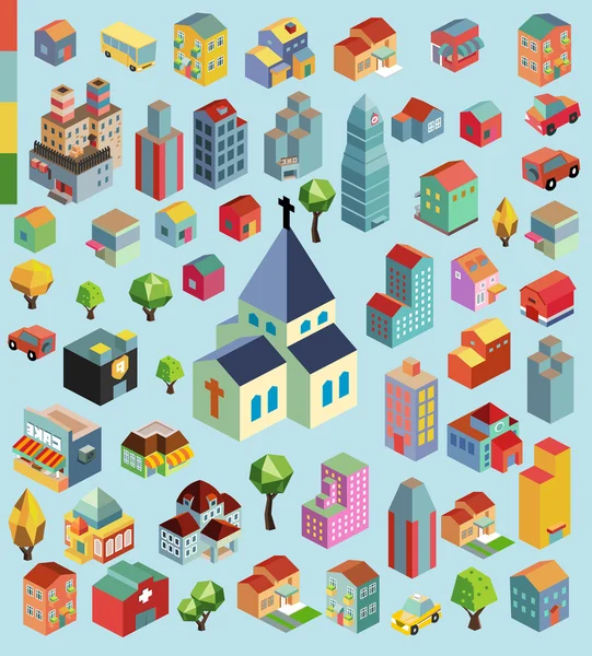 İzometrik şehir ve Binalar koleksiyonu 