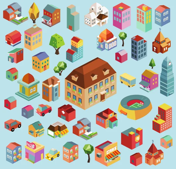 Isometric city and buildings collection — Stock Vector
