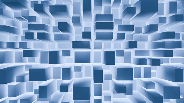 Blue squares abstract background. Realistic wall of cubes.