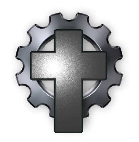 Christian cross and gear wheel - 3d rendering — Stock Photo, Image