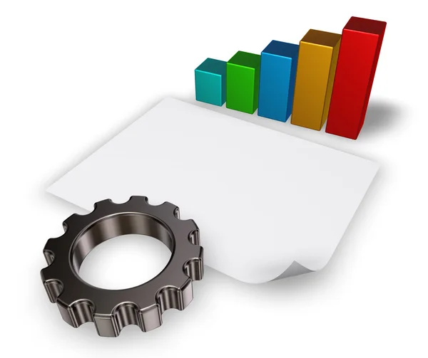 3d rendering of gear wheel, business graph and blank paper sheet — Stock Photo, Image