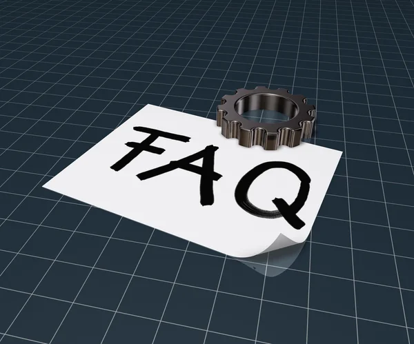 La palabra faq en la hoja de papel y rueda de engranaje - 3d renderizado — Foto de Stock