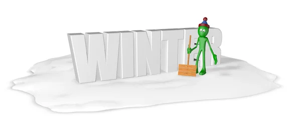 Cartoon guy with snow shovel and the word winter - 3d rendering — Stock Photo, Image