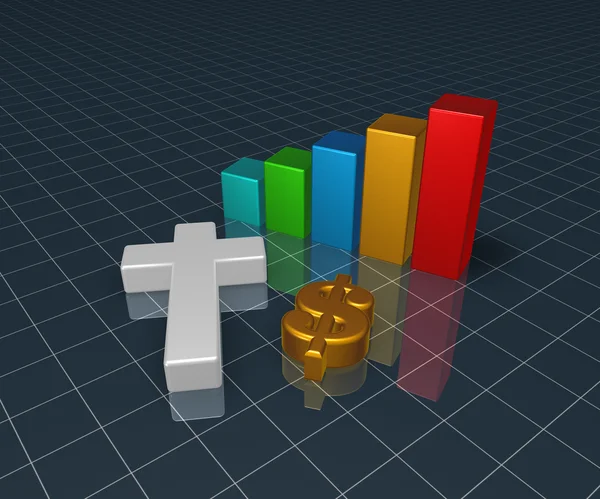 Business graph with christian cross and dollar symbol - 3d rendering — Stock Photo, Image