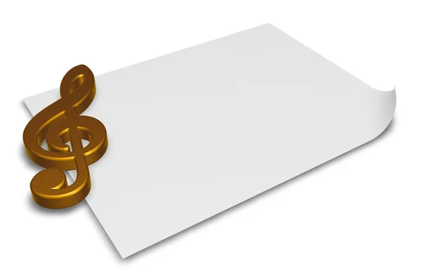Klucz wiolinowy symbol na biała kartka papieru arkusza - 3d renderowania — Zdjęcie stockowe