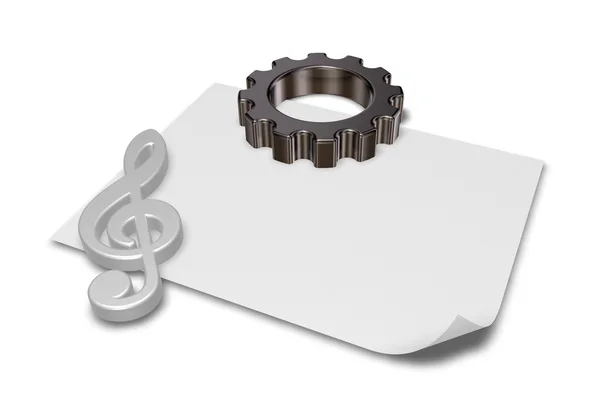 Roda de engrenagem e fenda de metal na folha de papel branco - renderização 3d — Fotografia de Stock