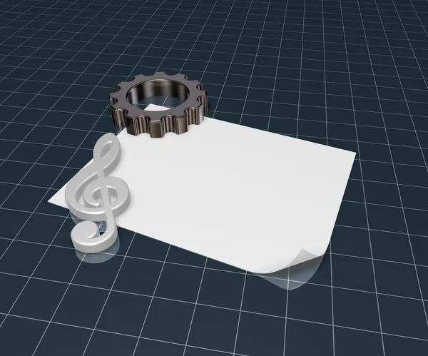 Gear wheel en metalen clef op wit papier vel - 3d rendering — Stockfoto