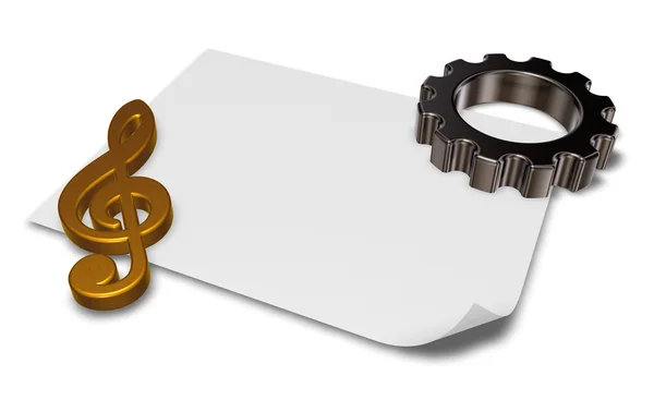 Dişli çark ve beyaz kağıt levha - 3d render üzerinde metal nota anahtarı — Stok fotoğraf