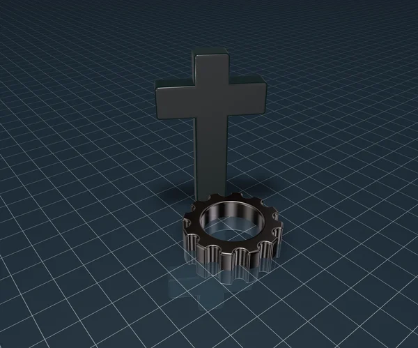 Christian cross and gear wheel - 3d rendering — Stock Photo, Image