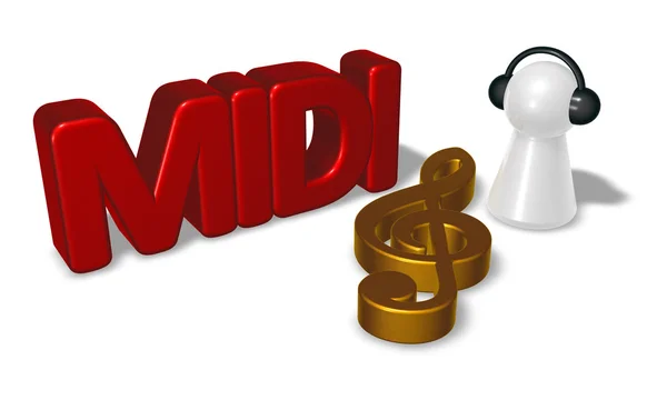Midi tag, símbolo clef e peão com fones de ouvido - renderização 3d — Fotografia de Stock