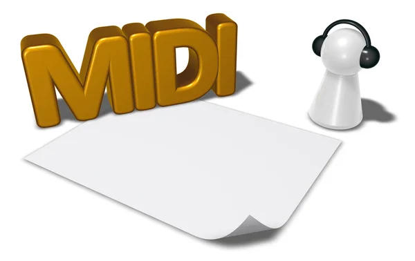 Etiqueta midi, folha de papel branco em branco e peão com fones de ouvido - renderização 3d — Fotografia de Stock
