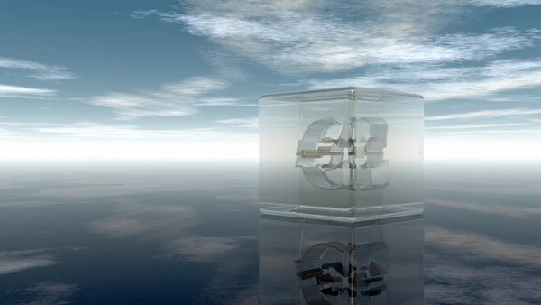 Símbolo do euro em cubo de vidro sob céu azul nublado - ilustração 3d — Fotografia de Stock