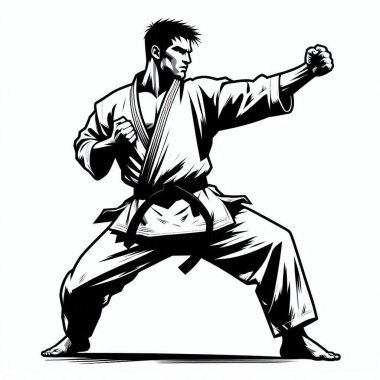 Kyokushin Dogi 'deki Karateka ile tam temas. Güç, agresif dövüşçü. Tasarım için yapay zeka üretimi