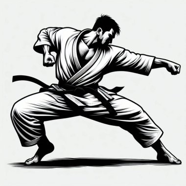 Kyokushin Dogi 'deki Karateka ile tam temas. Güç, agresif dövüşçü. Tasarım için yapay zeka üretimi