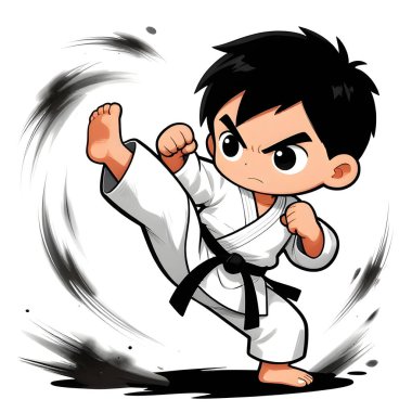 Beyaz arka planda karate kimonolu küçük bebek. Dövüş sanatları, karate, judo, çocukluğundan beri spor ve disiplinin ikonu. Uzayı kopyala Yaratıcı kalite resim