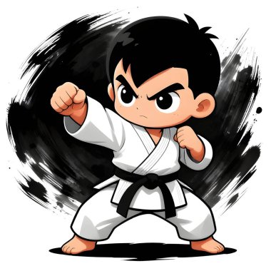 Beyaz arka planda karate kimonolu küçük bebek. Dövüş sanatları, karate, judo, çocukluğundan beri spor ve disiplinin ikonu. Uzayı kopyala Yaratıcı kalite resim