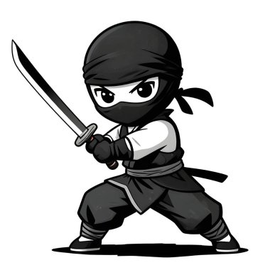 NINJA genç dövüşçü, grafik stili, geleneksel renkli elbise, dövüş pozu. Yüksek kaliteli resim