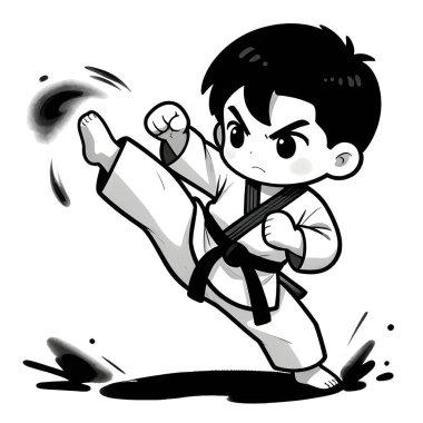 Beyaz arka planda TAEKWONDO kimonosu olan küçük bir erkek bebek. Dövüş sanatları, karate, judo, çocukluğundan beri spor ve disiplinin ikonu. Uzayı kopyala Yaratıcı kalite resim