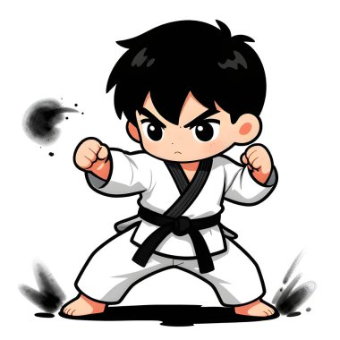 Beyaz arka planda TAEKWONDO kimonosu olan küçük bir erkek bebek. Dövüş sanatları, karate, judo, çocukluğundan beri spor ve disiplinin ikonu. Uzayı kopyala Yaratıcı kalite resim