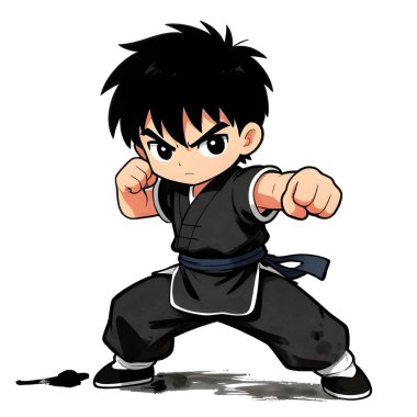 KUN-FU genç dövüşçü, grafik stili, geleneksel renkli elbise, dövüş pozu. Yüksek kaliteli resim