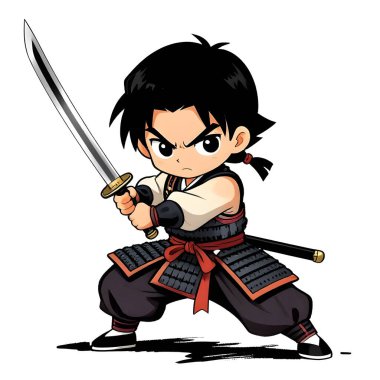 SAMURAI genç dövüşçü, grafik stili, geleneksel renkli elbise, dövüş pozu. Yüksek kaliteli resim