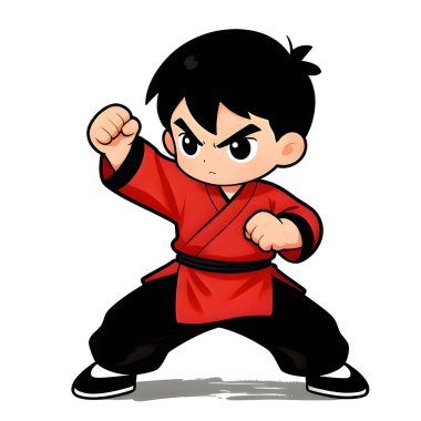 KUN-FU genç dövüşçü, grafik stili, geleneksel renkli elbise, dövüş pozu. Yüksek kaliteli resim