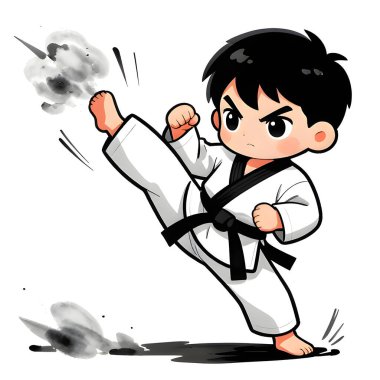 Beyaz arka planda TAEKWONDO kimonosu olan küçük bir erkek bebek. Dövüş sanatları, karate, judo, çocukluğundan beri spor ve disiplinin ikonu. Uzayı kopyala Yaratıcı kalite resim