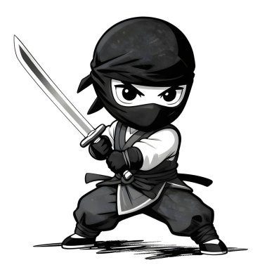 NINJA genç dövüşçü, grafik stili, geleneksel renkli elbise, dövüş pozu. Yüksek kaliteli resim