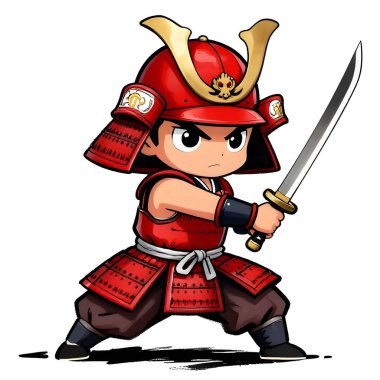 SAMURAI genç dövüşçü, grafik stili, geleneksel renkli elbise, dövüş pozu. Yüksek kaliteli resim