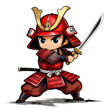 SAMURAI genç dövüşçü, grafik stili, geleneksel renkli elbise, dövüş pozu. Yüksek kaliteli resim