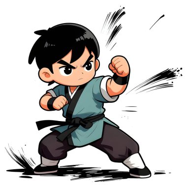 KUN-FU genç dövüşçü, grafik stili, geleneksel renkli elbise, dövüş pozu. Yüksek kaliteli resim