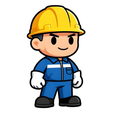 Çizgi film CHIBI tarzı inşaat işçisi. Aktif çalışma duruşu. Logo, rozet, marka, şirket maskotu için ideal bir ikon. Yüksek kalite