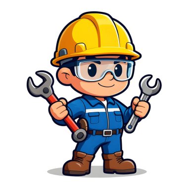 Çizgi film CHIBI tarzı inşaat işçisi. Aktif çalışma duruşu. Logo, rozet, marka, şirket maskotu için ideal bir ikon. Yüksek kalite