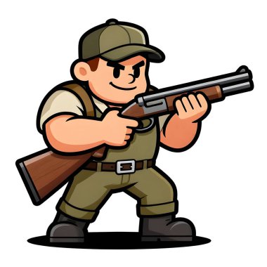 Tüfekli iri yarı bir avcı. Avcı kıyafetleri giymişti. Çizgi film maskotu, illüstrasyon, temiz çizgiler, düz tasarım, modern, yüksek kalite.