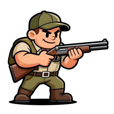 Tüfekli iri yarı bir avcı. Avcı kıyafetleri giymişti. Çizgi film maskotu, illüstrasyon, temiz çizgiler, düz tasarım, modern, yüksek kalite.