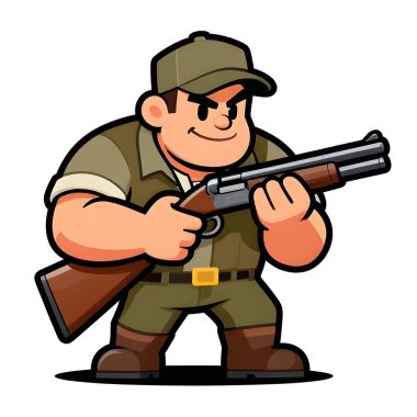 Tüfekli iri yarı bir avcı. Avcı kıyafetleri giymişti. Çizgi film maskotu, illüstrasyon, temiz çizgiler, düz tasarım, modern, yüksek kalite.