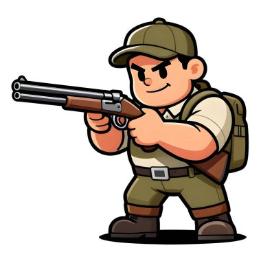 Tüfekli iri yarı bir avcı. Avcı kıyafetleri giymişti. Çizgi film maskotu, illüstrasyon, temiz çizgiler, düz tasarım, modern, yüksek kalite.